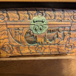 Vintage hand carved champhor box from Hong Kongp
